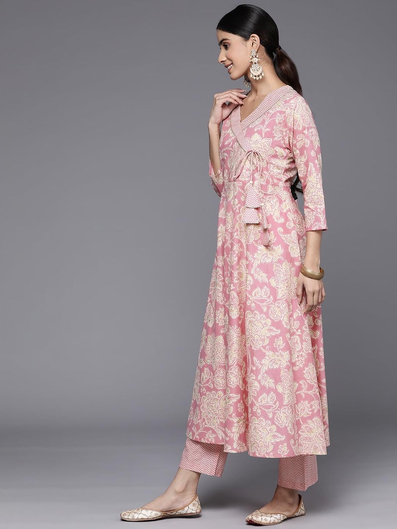 Varanga Women pink floral printed angrakha style anarkali kurta paired with printed bottom. - Image 2