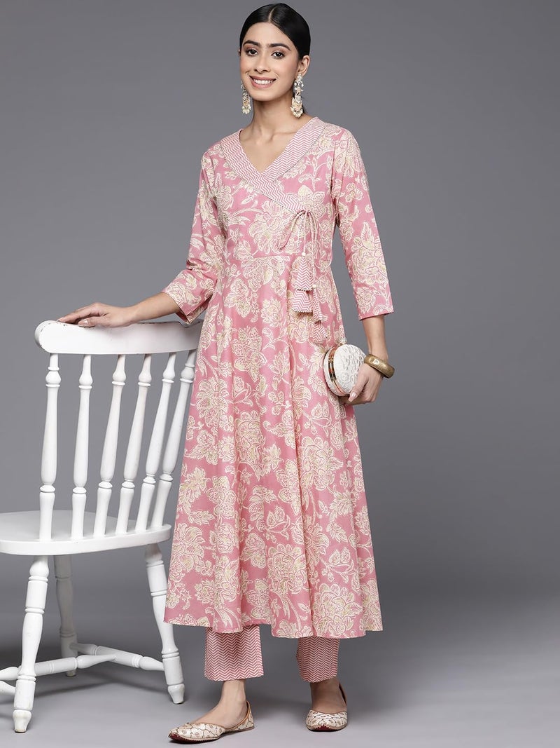 Varanga Women pink floral printed angrakha style anarkali kurta paired with printed bottom. - Image 5
