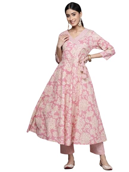 Varanga Women pink floral printed angrakha style anarkali kurta paired with printed bottom. - Image 1