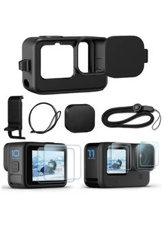 TLAXCA مجموعة الملحقات لـ Go Pro Hero 12/Hero 11/Hero 10/Hero 9 باللون الأسود، عبوتان (6 قطع) واقي شاشة من السيليكون مع غطاء للعدسة وحبل لكاميرا الحركة السوداء Hero 12/11/10/9  - Image 1