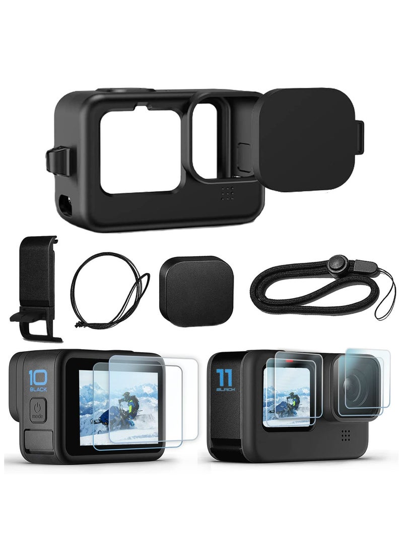 TLAXCA Accessories Kit for Go Pro Hero 12/Hero 11/Hero 10/Hero 9 Black,2-Pack(6pcs) Screen Protector Silicone Sleeve Protective Case with Lens Cover Cap Lanyard for Hero 12/11/10/9 Black Action Camera  - Image 1