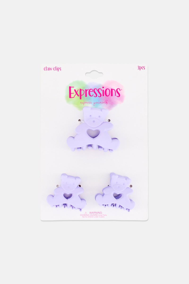 Expressions Women 3 Pieces Bear With Heart Hair Claw Clips, Lavender - Image 1