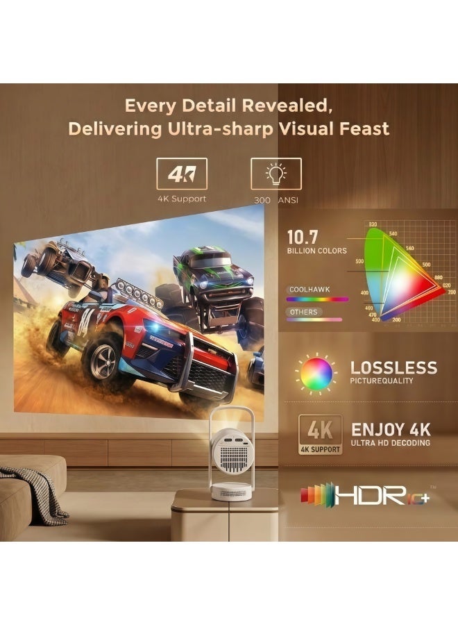 COOLHAWK Projector 4K Full HD - Native 1080P 300 ANSI LUM Mini Pojktor, Android 14 Smart Portable Projectors with Netflix, Youtube, With Wife 5G & Bluetooth 5.4, Auto Keystone, for Outdoor Indoor Home Cemine - Image 5
