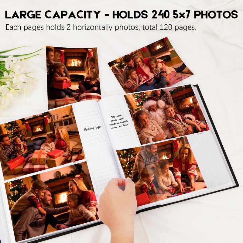 Aevdor 240 Pockets 5x7 Photo Album with Writing Space, Large Capacity Photo Album 5x7 Holds 240 Photos, Linen Cover Acid Free Photo Book with Memo for Baby Family Anniversary Wedding Pictures, Black - Image 2