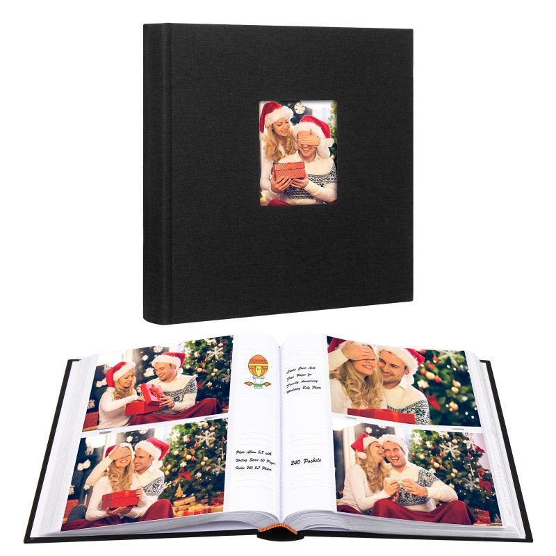Aevdor 240 Pockets 5x7 Photo Album with Writing Space, Large Capacity Photo Album 5x7 Holds 240 Photos, Linen Cover Acid Free Photo Book with Memo for Baby Family Anniversary Wedding Pictures, Black - Image 1