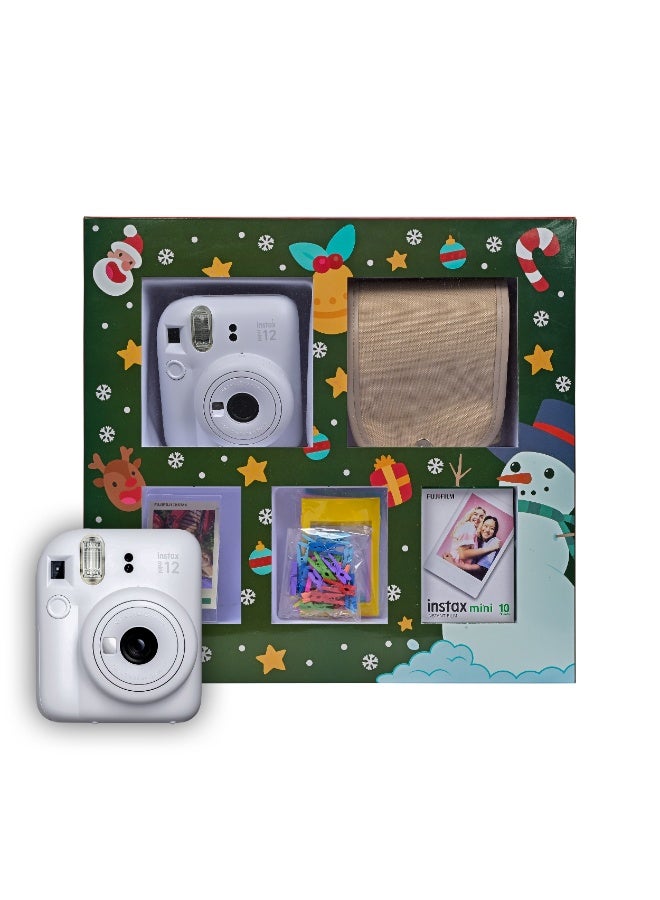 Instax Mini 12 Christmas Gift Box – White Instant Mini 12 Camera with Brown Case, White Mini Film, Photo Frame, Pegs and Batteries – Perfect Christmas Gift for Kids, Teens, and Adults - Image 1