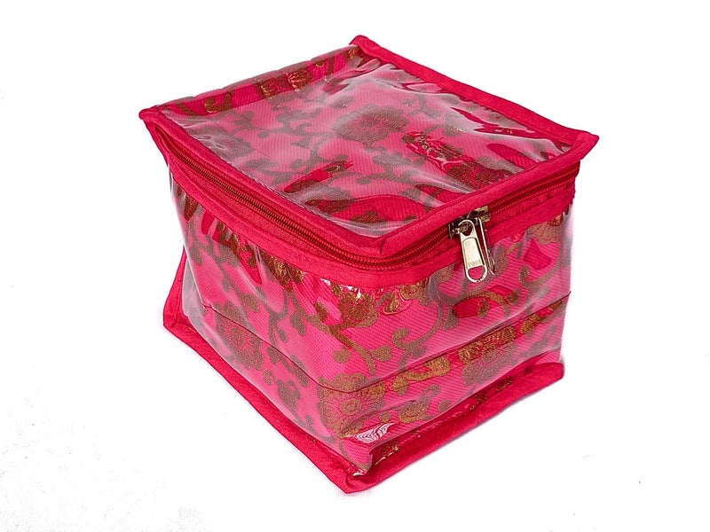 Sunshine Satin Brocade Fabric Jewellery Cosmetic Organizer with 12 Bangle Multipurpose Pouch - PINK/RAANI - Image 1