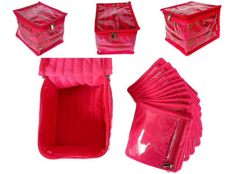 Sunshine Satin Brocade Fabric Jewellery Cosmetic Organizer with 12 Bangle Multipurpose Pouch - PINK/RAANI - Image 2