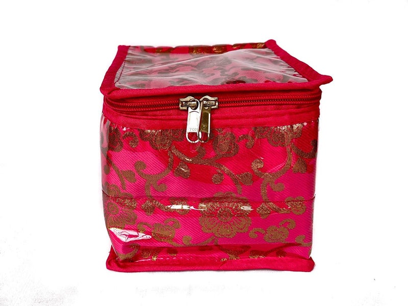 Sunshine Satin Brocade Fabric Jewellery Cosmetic Organizer with 12 Bangle Multipurpose Pouch - PINK/RAANI - Image 3