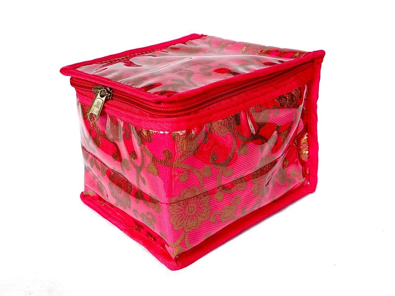 Sunshine Satin Brocade Fabric Jewellery Cosmetic Organizer with 12 Bangle Multipurpose Pouch - PINK/RAANI - Image 4