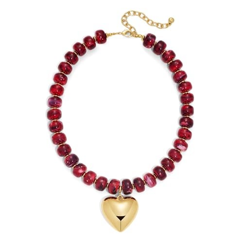 WOWORAMA Red Chunky Beaded Necklaces for Women Wine-Red Resin Beads Heart Necklace Trendy Chunky Puffy Heart Necklace Boho Statement Choker Necklaces Jewelry - Image 1
