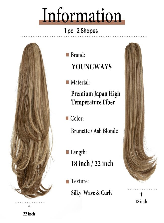 youngways Clip in Ponytail Extension 18 Inch Pony Tails Hair Extensions for Women Long Straight Curly Tail Ponytail Hair piece Synthetic Fake Versatile Pony (Brunette/Ash Blonde) - Image 3