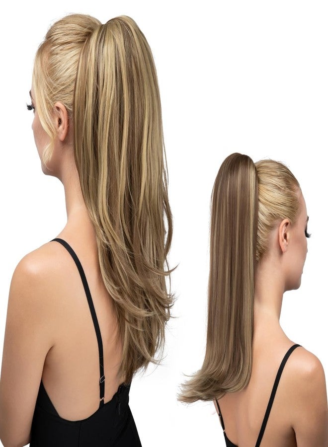 youngways Clip in Ponytail Extension 18 Inch Pony Tails Hair Extensions for Women Long Straight Curly Tail Ponytail Hair piece Synthetic Fake Versatile Pony (Brunette/Ash Blonde) - Image 1