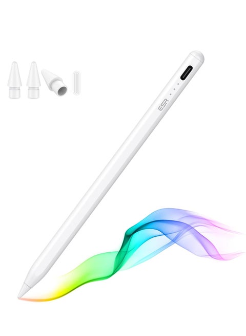قلم ستايلس للآيباد بحساسية للميل – متوافق مع iPad 9/8/7/6، iPad Pro 11/12.9، iPad Air 5/4/3، iPad Mini 6/5 – رفض راحة اليد، تثبيت مغناطيسي – أبيض