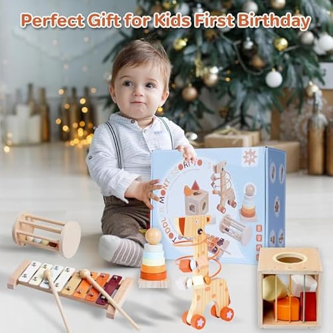AM ANNA Wooden Montessori Toys for Toddlers 1-3,Baby 12-18 Months Educational Object Permanence Box for Xylophone,Shape Sorting Cube,Stacker Ring,Rattle,Boy Girl Preschool Sensory Developmental Gift - Image 2