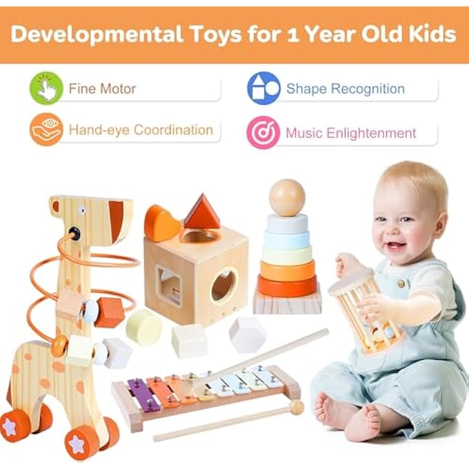 AM ANNA Wooden Montessori Toys for Toddlers 1-3,Baby 12-18 Months Educational Object Permanence Box for Xylophone,Shape Sorting Cube,Stacker Ring,Rattle,Boy Girl Preschool Sensory Developmental Gift - Image 3