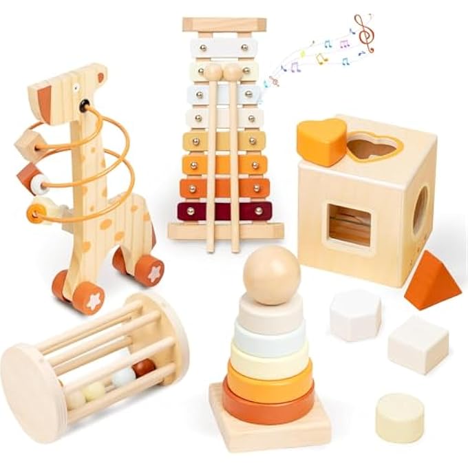 AM ANNA Wooden Montessori Toys for Toddlers 1-3,Baby 12-18 Months Educational Object Permanence Box for Xylophone,Shape Sorting Cube,Stacker Ring,Rattle,Boy Girl Preschool Sensory Developmental Gift - Image 1