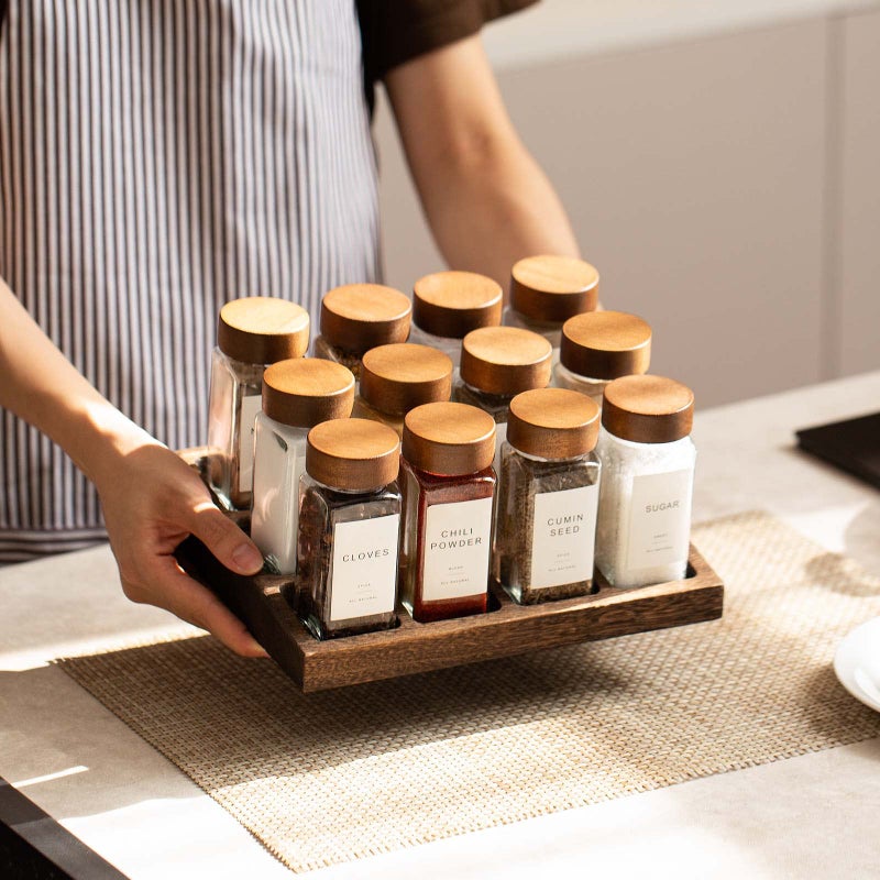 Yangbaga 24Pcs Glass Spice Jars with Labels-4oz Acacia Wood Lid Square Spice Containers and 2pcs Rack with Pepper Grinder Lids &Funnel,Seasoning Jars for Rack Cabinet Drawer - Image 5