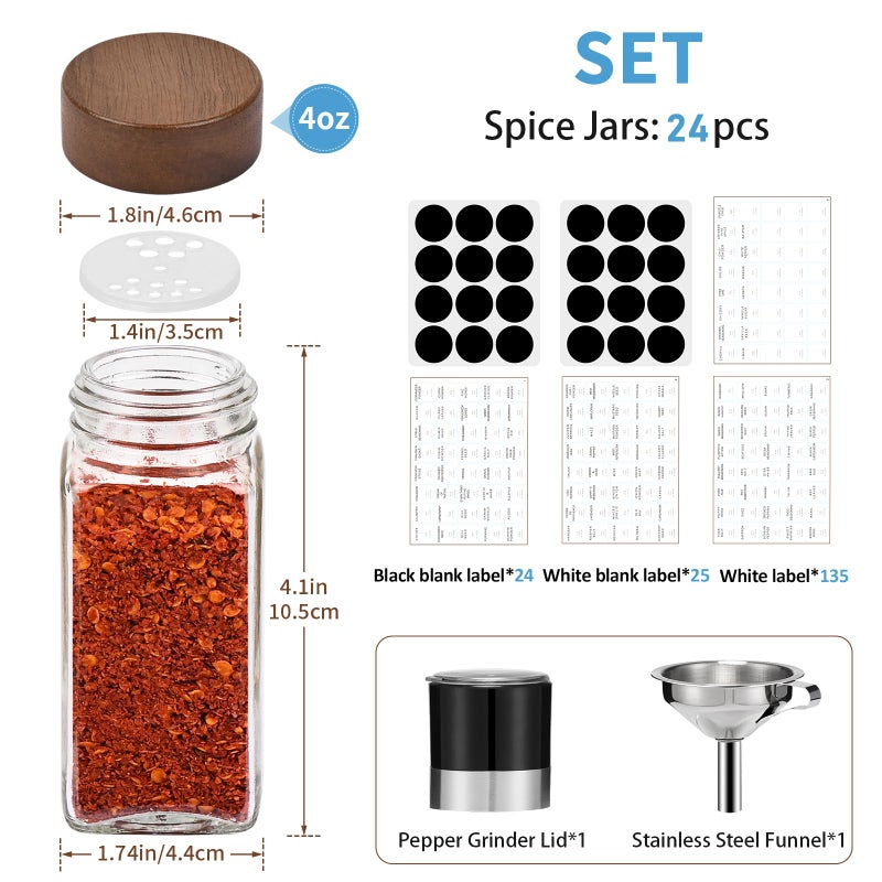 Yangbaga 24Pcs Glass Spice Jars with Labels-4oz Acacia Wood Lid Square Spice Containers and 2pcs Rack with Pepper Grinder Lids &Funnel,Seasoning Jars for Rack Cabinet Drawer - Image 2