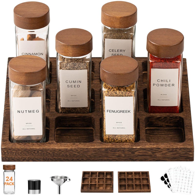 Yangbaga 24Pcs Glass Spice Jars with Labels-4oz Acacia Wood Lid Square Spice Containers and 2pcs Rack with Pepper Grinder Lids &Funnel,Seasoning Jars for Rack Cabinet Drawer - Image 1
