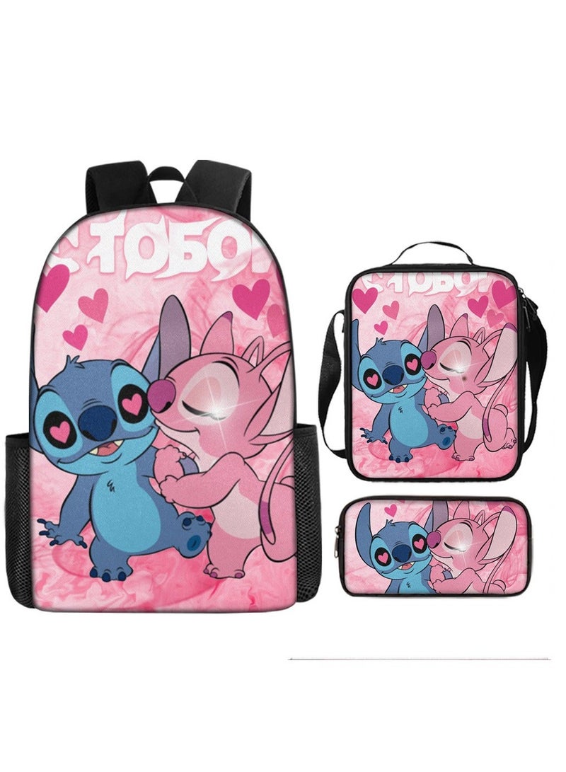 حقيبة ظهر مدرسية مكونة من ثلاث قطع من Anime Stitch لطلاب المدارس الابتدائية والثانوية ذات سعة كبيرة