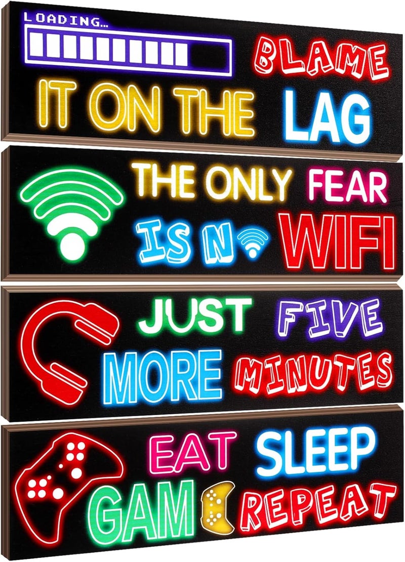 Queekay Various color options 4 Pcs Gaming Wall Decor for Room Gaming Decorations Signs Printed Video Game Wall Art Colorful Gaming Posters for Game Themed Room Wall, 8 x 3 Inch(Simple,Neon Color) Various fittings - Image 1