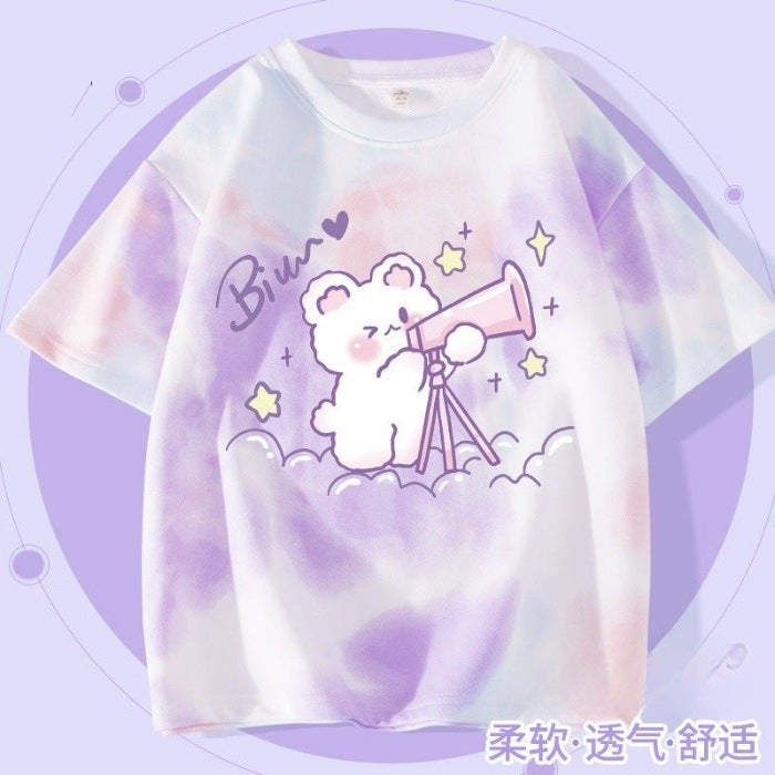 Girls' Short-Sleeved T-Shirt, Kidsren'S 2026 New Summer Fashion, Stylish Tie-Dye Popular Ice Silk T-Shirt For Older Kids - Image 1