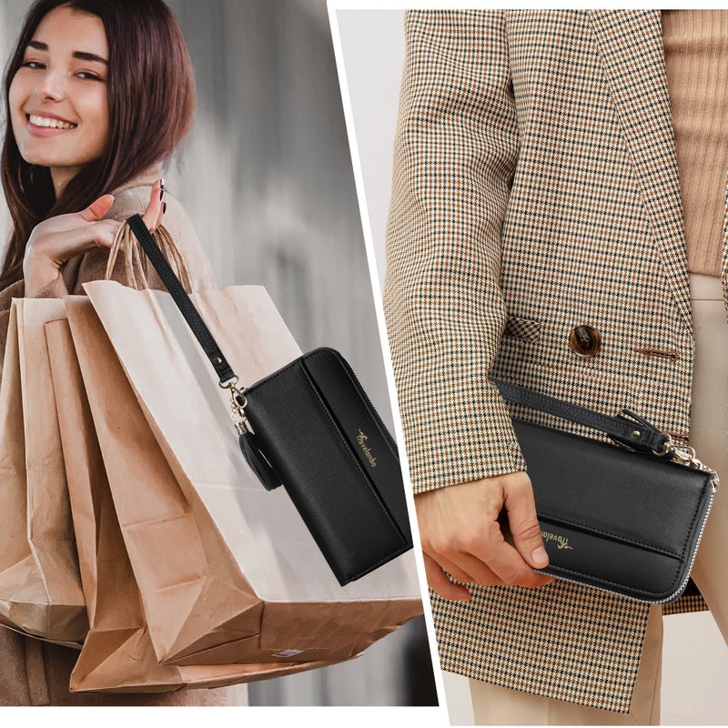 Travelambo محفظة سفرامبو للنساء مع زخرفة، محفظة قابلة للطي، حقيبة يد، حزام معصم، محفظة طويلة، باللون الأسود - Image 5