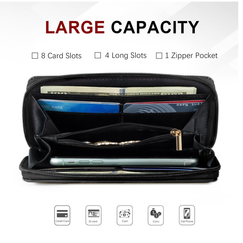 Travelambo محفظة سفرامبو للنساء مع زخرفة، محفظة قابلة للطي، حقيبة يد، حزام معصم، محفظة طويلة، باللون الأسود - Image 2