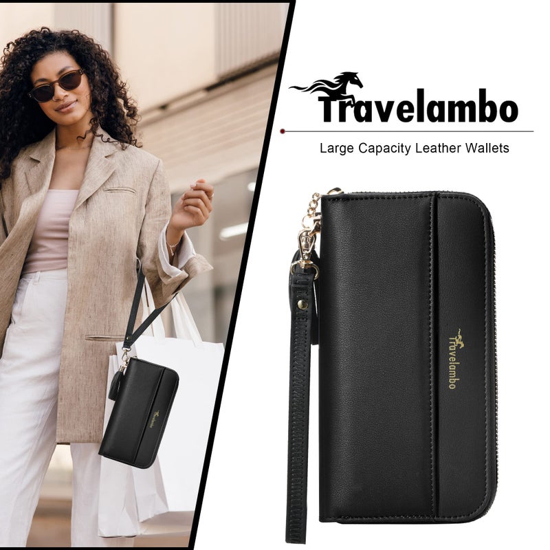 Travelambo محفظة سفرامبو للنساء مع زخرفة، محفظة قابلة للطي، حقيبة يد، حزام معصم، محفظة طويلة، باللون الأسود - Image 4