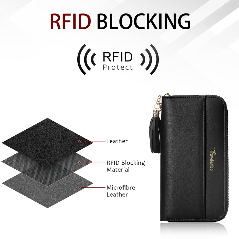 Travelambo محفظة سفرامبو للنساء مع زخرفة، محفظة قابلة للطي، حقيبة يد، حزام معصم، محفظة طويلة، باللون الأسود - Image 3