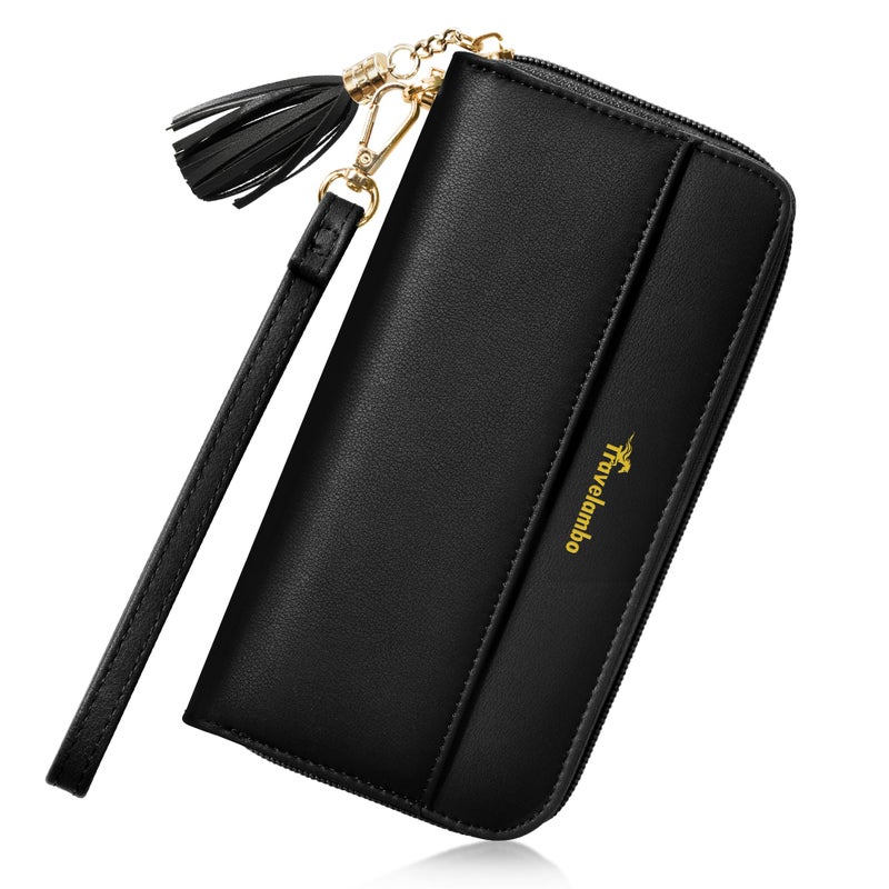 Travelambo محفظة سفرامبو للنساء مع زخرفة، محفظة قابلة للطي، حقيبة يد، حزام معصم، محفظة طويلة، باللون الأسود - Image 1