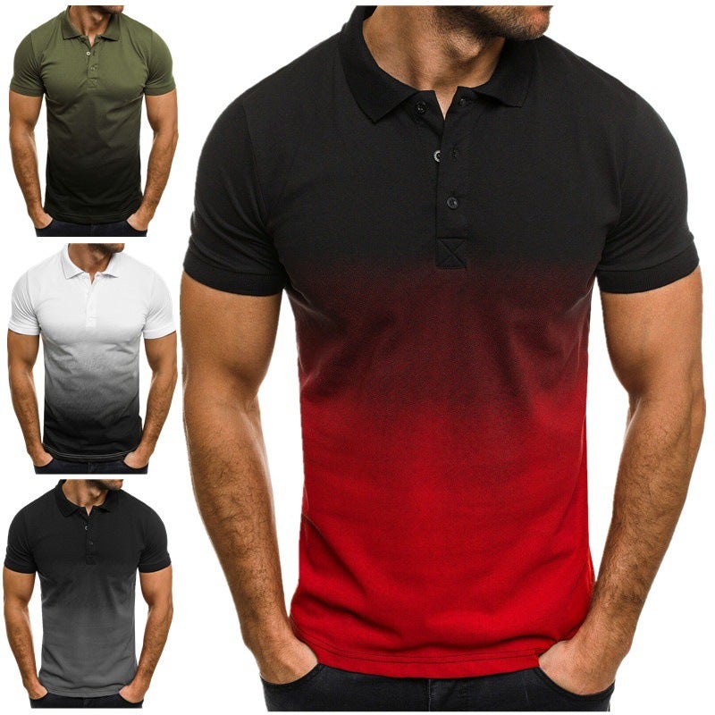 2021 cross-border foreign trade new European and American casual fashion slim gradient printing short-sleeved lapel shirt men's POLO shirt 01 Black ash 01 XXL - Image 2