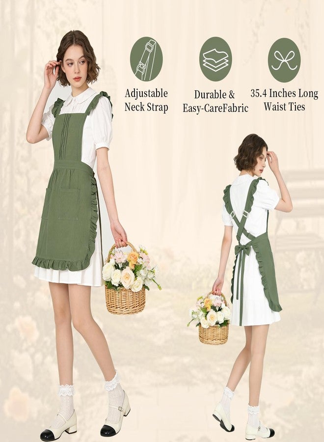ARBINSON Vintage Ruffle Apron for Women with Pocket, Frilly Kitchen Cooking Waitress Maid Costume Skirt Style（Green） - Image 2