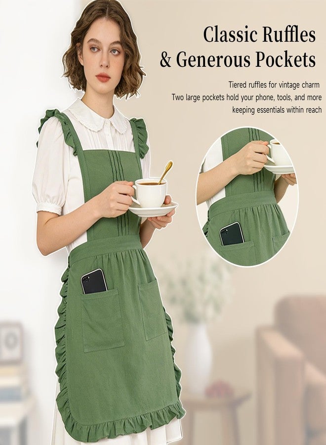 ARBINSON Vintage Ruffle Apron for Women with Pocket, Frilly Kitchen Cooking Waitress Maid Costume Skirt Style（Green） - Image 4