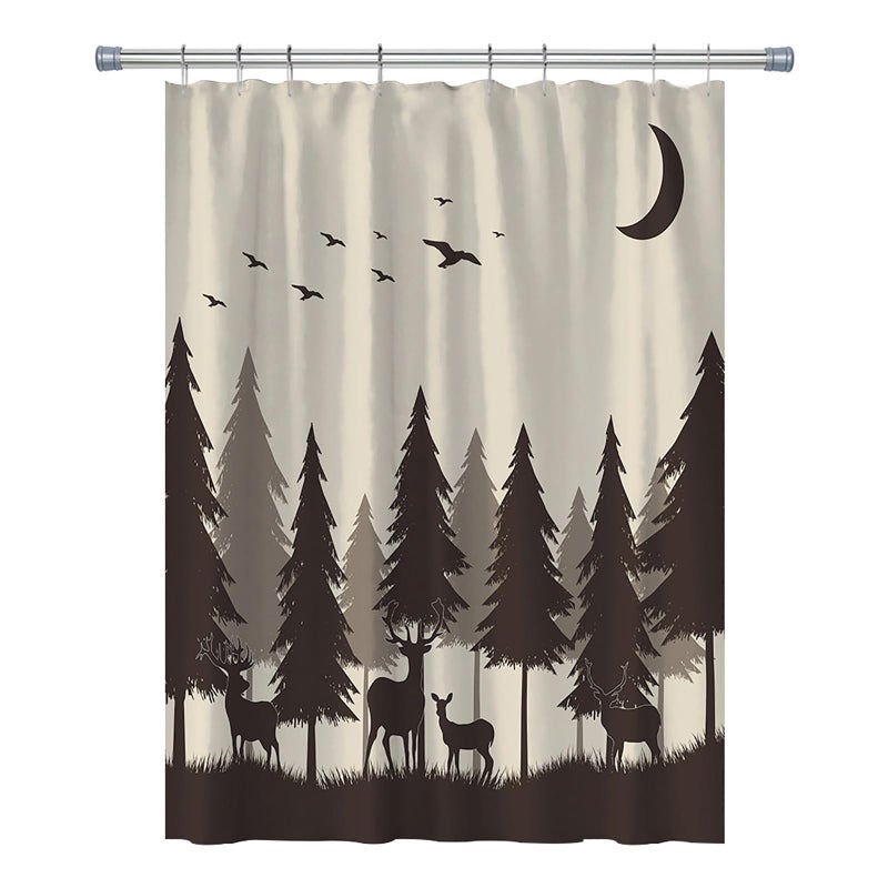 RV Shower Curtains Forest Mountain Happy Camper Cloth Fabric RV Bathroom Decor Curtain Sets with Hooks 47WX64H Inches Grey Black