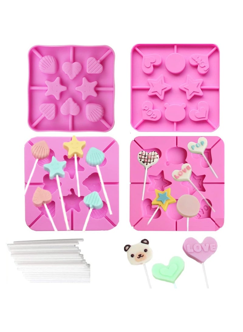 SYOSI - 4Pcs Heart Lollipop Candy Silicone Molds 8-Cavities Food Grade Heart Chocolate Hard Candy Molds with Shape of Double Heart Star Love Round Shell Bear Including 80 Lollipop Sticks 2 Styles - Image 1