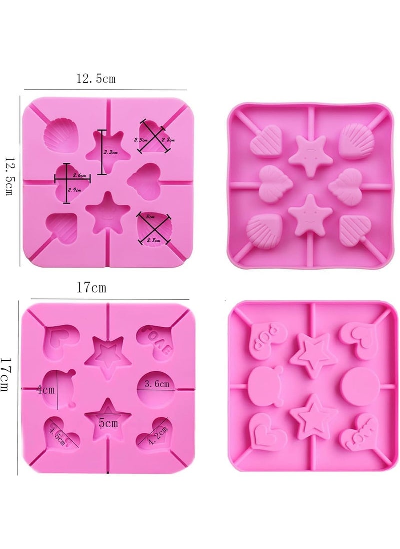 SYOSI - 4Pcs Heart Lollipop Candy Silicone Molds 8-Cavities Food Grade Heart Chocolate Hard Candy Molds with Shape of Double Heart Star Love Round Shell Bear Including 80 Lollipop Sticks 2 Styles - Image 1