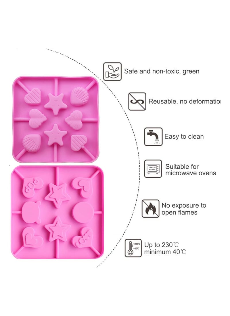 SYOSI - 4Pcs Heart Lollipop Candy Silicone Molds 8-Cavities Food Grade Heart Chocolate Hard Candy Molds with Shape of Double Heart Star Love Round Shell Bear Including 80 Lollipop Sticks 2 Styles - Image 1