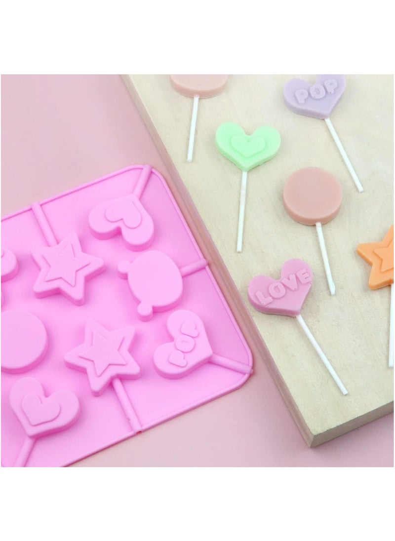 SYOSI - 4Pcs Heart Lollipop Candy Silicone Molds 8-Cavities Food Grade Heart Chocolate Hard Candy Molds with Shape of Double Heart Star Love Round Shell Bear Including 80 Lollipop Sticks 2 Styles - Image 1