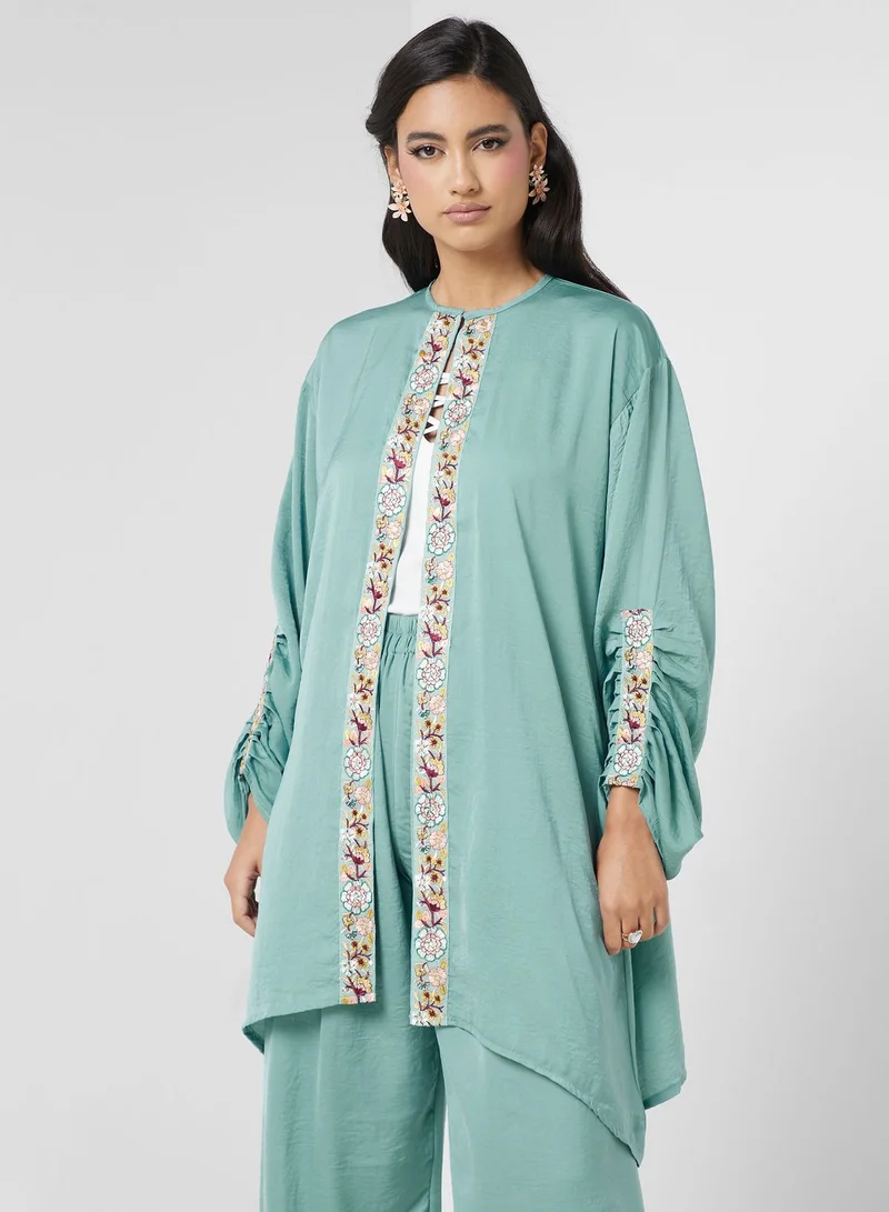 hayas closet Embroidered Rushed Sleeve Shirt & Pant Set