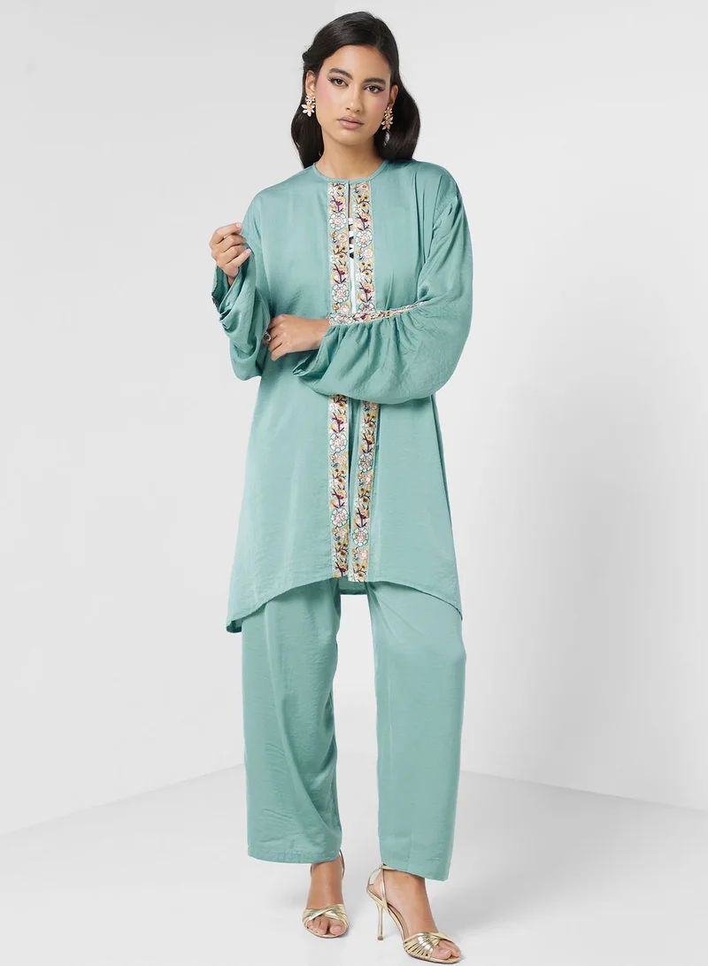 hayas closet Embroidered Rushed Sleeve Shirt & Pant Set