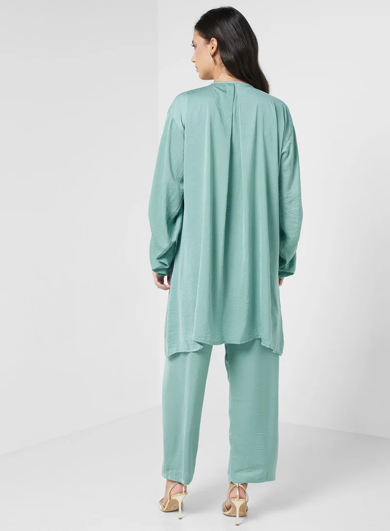hayas closet Embroidered Rushed Sleeve Shirt & Pant Set