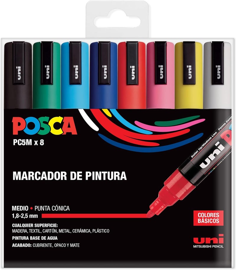 POSCA مجموعة بوسكا يوني PC 5M الأساسية - عبوة من 8 أقلام - Image 1