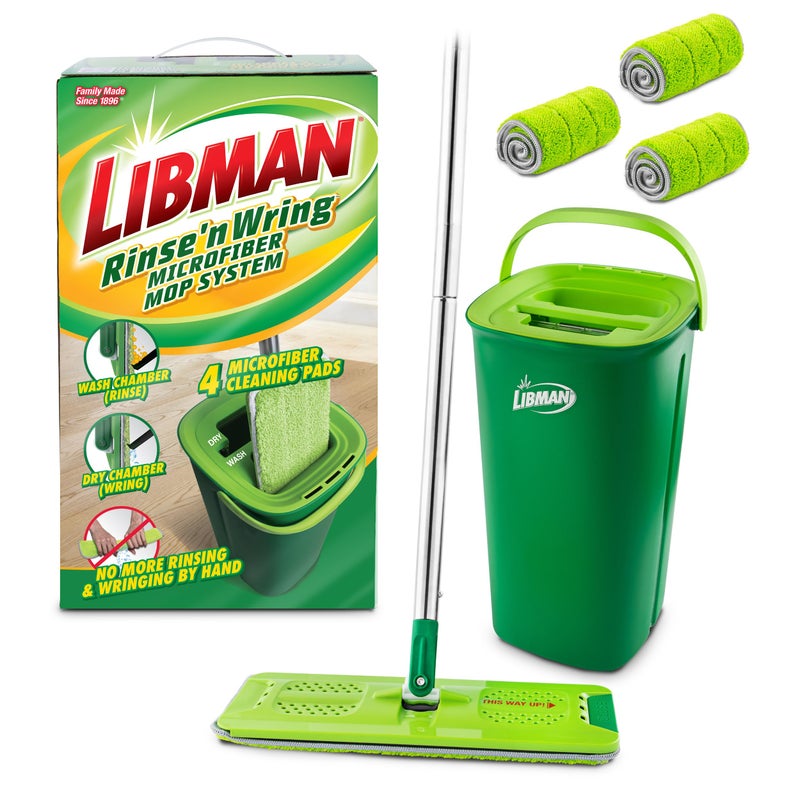 Libman Commercial Libman Rinse 'n Wring Mop and Bucket System | Microfiber Floor Mop | Hardwood Floor Cleaner | Wet & Dry Mop | Clean & Dirty Water Chambers | Power Blades | 4 Total Microfiber Pads - Image 1