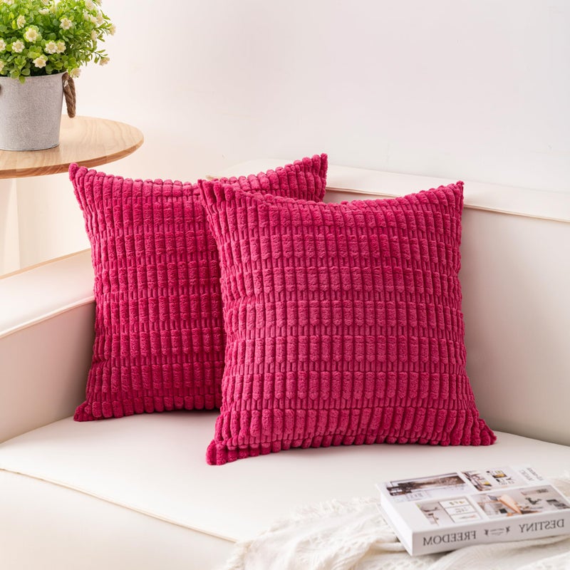 Aegero Pack of 2 Corduroy Decorative Throw Pillow Covers 18x18 InchSoft Boho Striped Pillow Covers Modern Farmhouse Home Decor for Sofa Living Room Couch Bedï¼ˆRose Redï¼‰ - Image 1