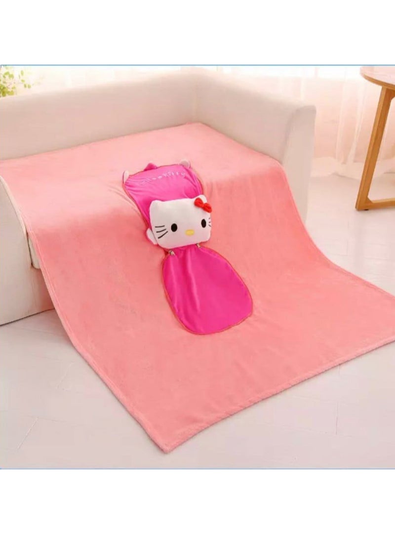 هالو كيتي مخدة وبطانية هيلو كيتي | وسادة مريحة ناعمة قابلة للتحول إلى بطانية دافئة | مثالية للقيلولة، السفر، المكتب وغرف الأطفال | تصميم كرتوني أنيق وعصري لعشاق هيلو كيتي | أبعاد المخدة 25*35 , البطانية 110*160 - Image 1