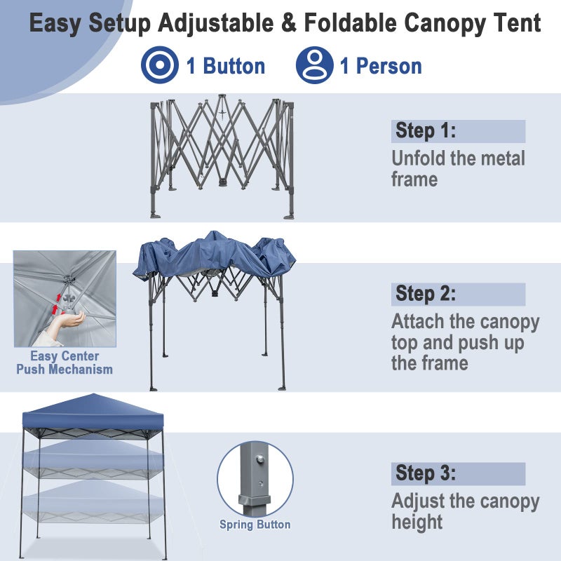 Tangkula 6.6x6.6 Ft Pop Up Canopy, 1 Person Instant Setup Canopy Tent with Center Lock, UPF 50+ Sun Protection, 8 Stakes, 4 Ropes, Portable Outdoor Canopy with Carrying Bag - Image 5