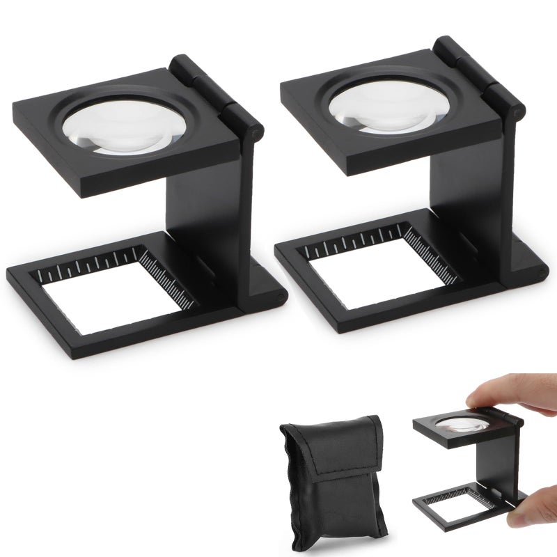 Rongon 10x 28mm Mini Three Folding Magnifying Glasses Portable Zinc Alloy Loupe Magnifier 10X Magnifying Lens with Scale for Coin Textile Jewelry Collection Repair 2Pcs Black