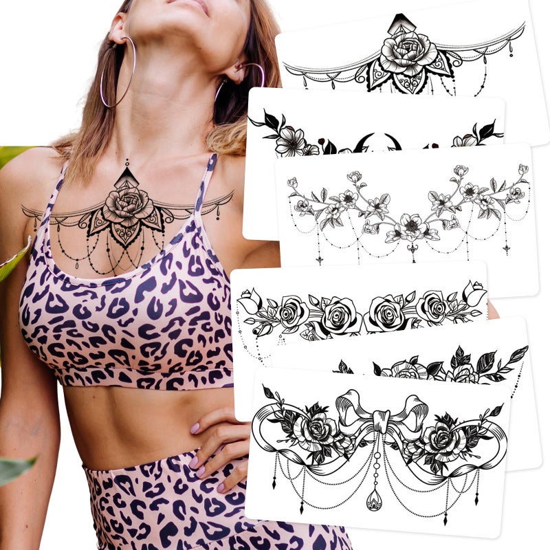 Kotbs 6 Sheets Black Rose Flower Underboob Temporary Tattoos for Women Jewelry Bowknot Chest Tattoos Large Tattoo Stickers Sternum Realistic Fake Tattoos